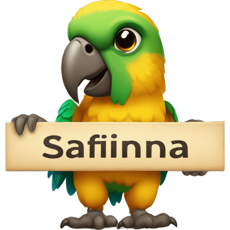 parrot  holding a sign with the inscription “Safina” emoji