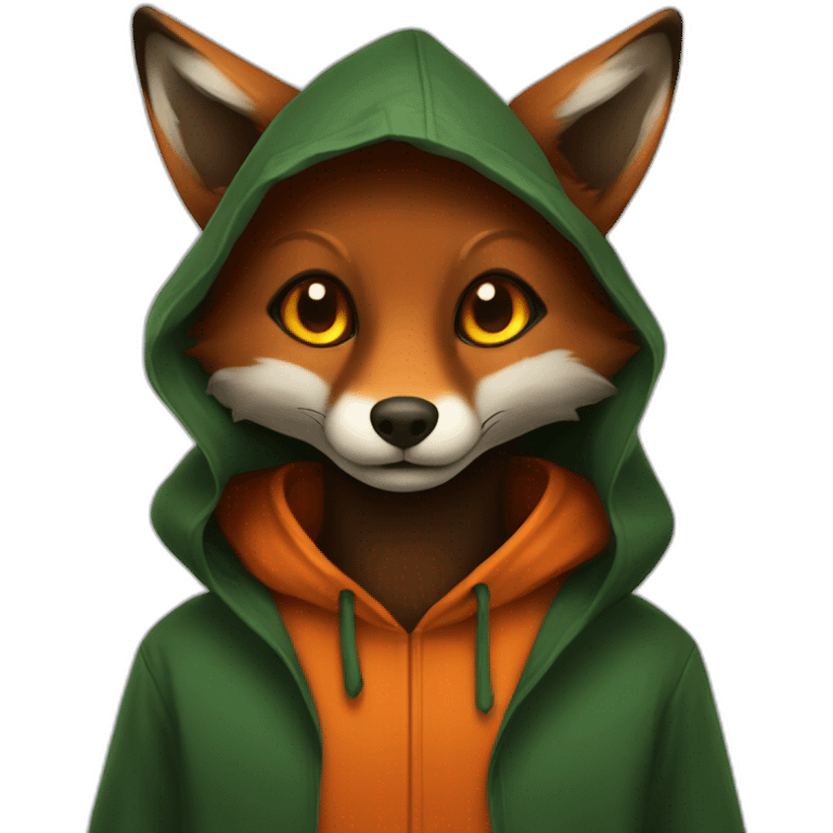 a small dark brown fox with orange eyes with a dark green hood that smile emoji