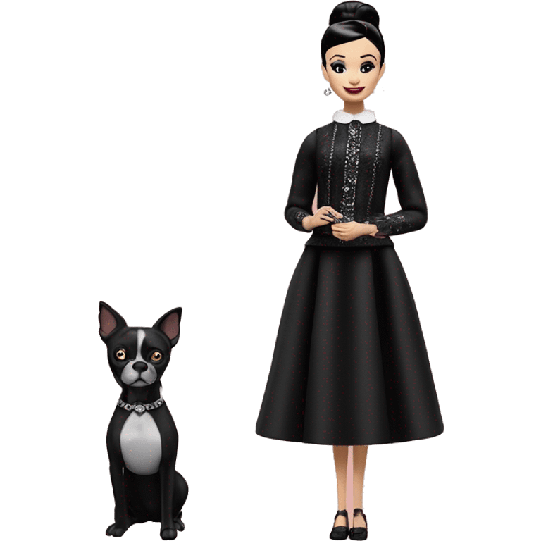 Audrey Hepburn as Sabrina Barbie. Wednesday Addams. Show full body. Embroidered long gown with accessories  emoji