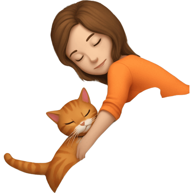 White girl brown hair sleeping on bed with orange kitty emoji