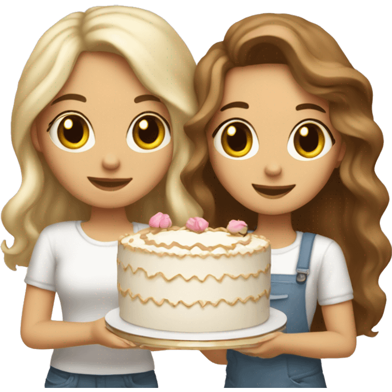 girl with blond wavy hair and tall girl with brown straight hair together holding big white cake emoji