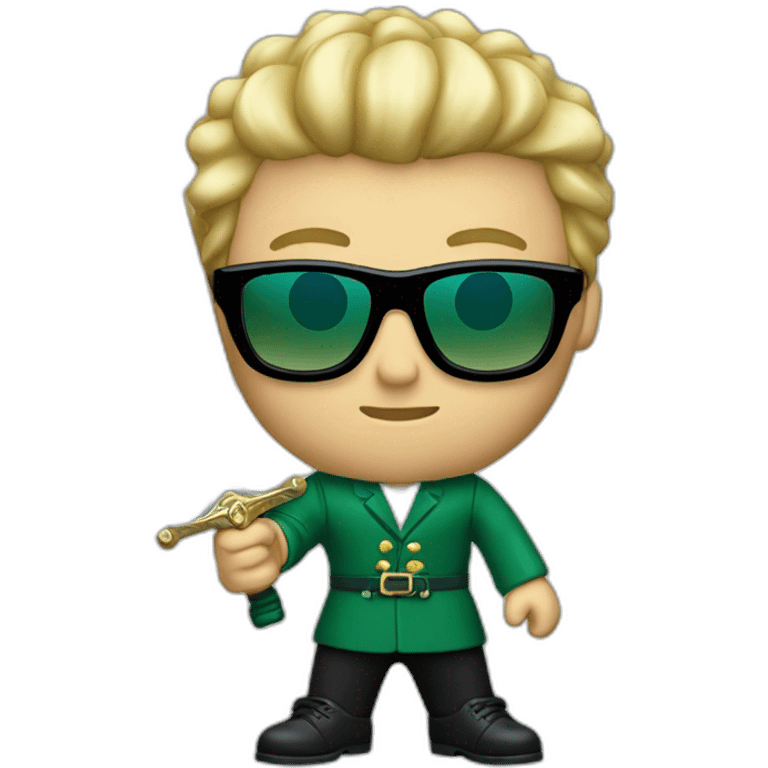 white-guy-in-gradient-green-blue-suit-with-blonde-hair-and-black-sunglasses-standing-with-black-shoes-and a sword emoji