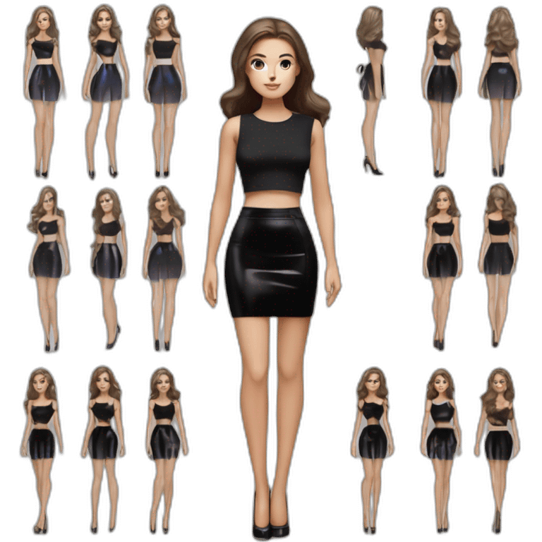 realist caucasian long dark brown, blue eyes woman, black crop top black tight mini skirt, High heel black patent louboutin, full body emoji