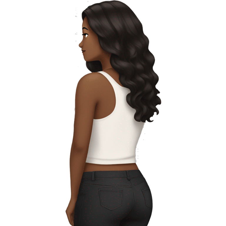 back side of a brown women, with black hair, a white crop top, wavy long hair emoji