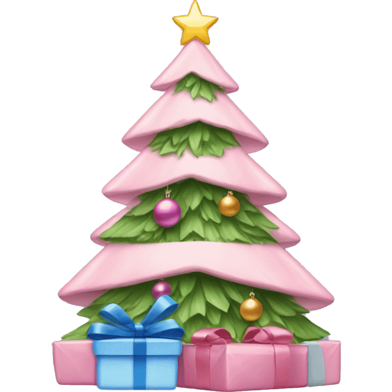 Light Pink Christmas tree with blue bow at the top and presents  emoji