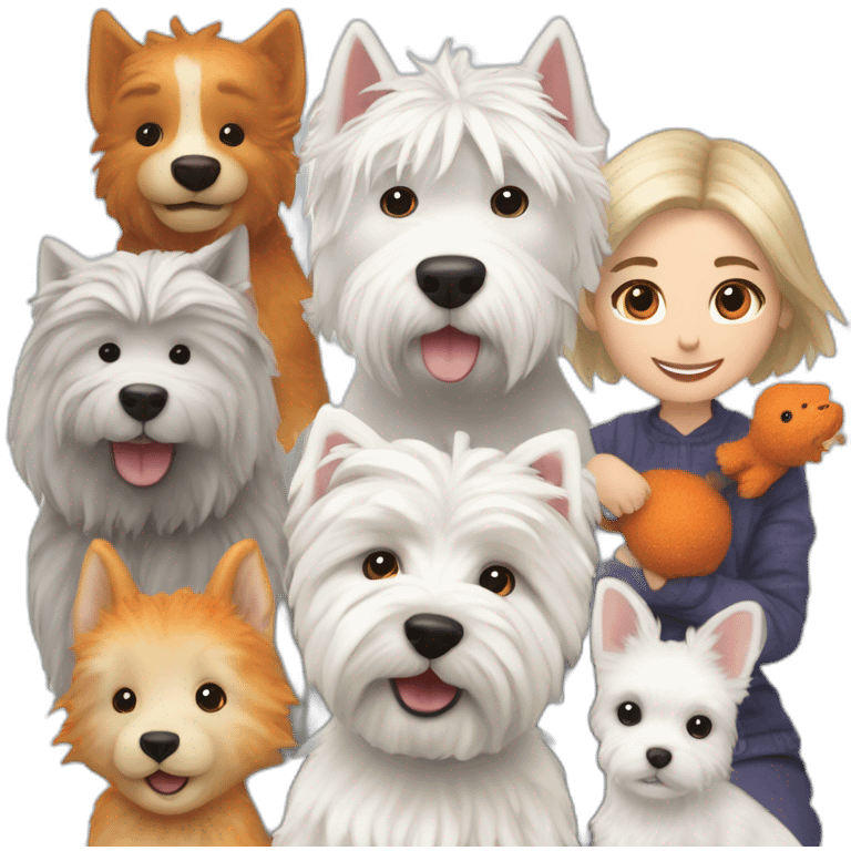 Family photo, including 5 jellycat dolls, namely snow dragon, fox, hippopotamus, West Highland White Terrier, and small West Highland White Terrier emoji