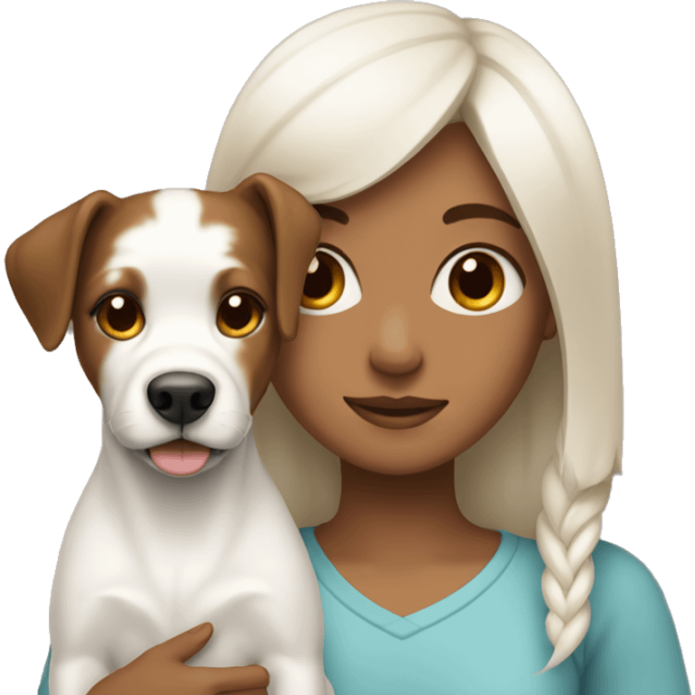 Girl with brown hair carrying white dog that has one black ear emoji