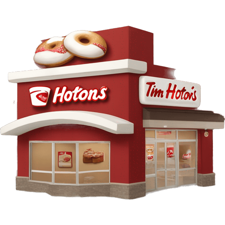 “Tim Hortons store with a red and white color scheme, featuring the classic Tim Hortons logo, a warm and welcoming design that represents a popular coffee and donut shop.” emoji