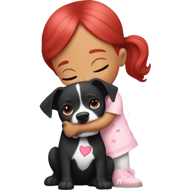 Girl with red hair kissing big black pitbull dog, pink hearts emoji