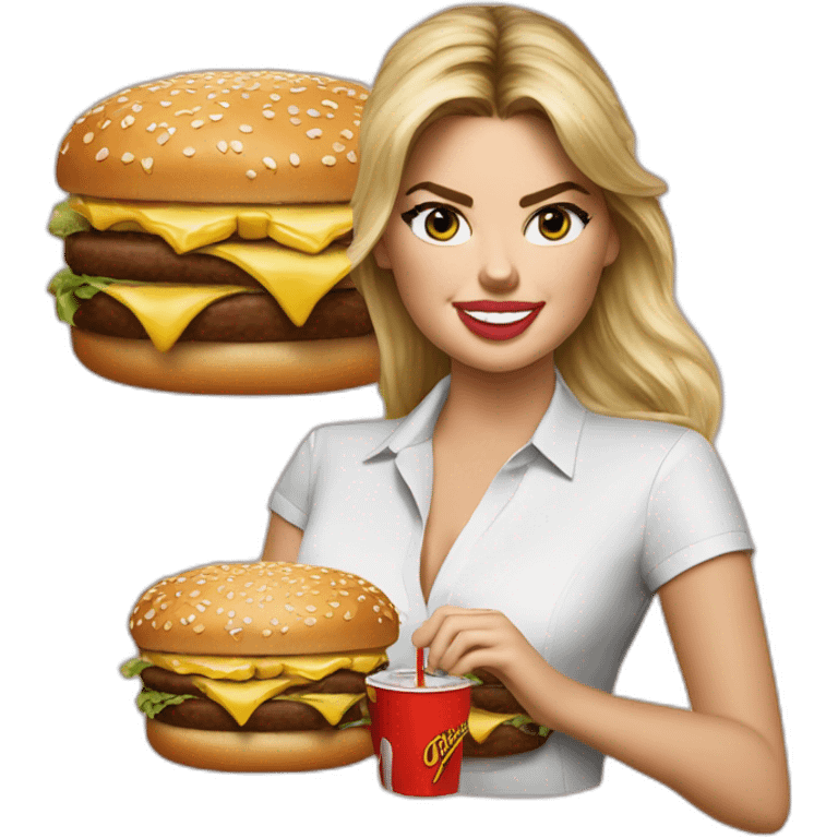 Kate upton eating a Big Mac with Barney emoji