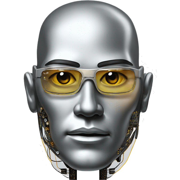 Male cyborg head with metallic plated face, flat top, rectangular glasses and circuits emoji