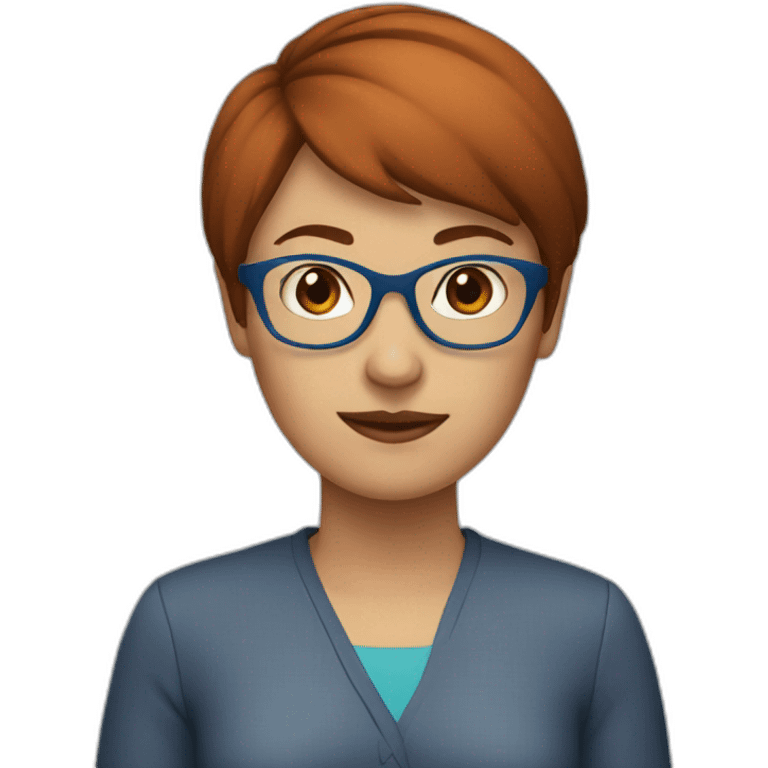 middle woman, brown red short hair, blue glasses emoji