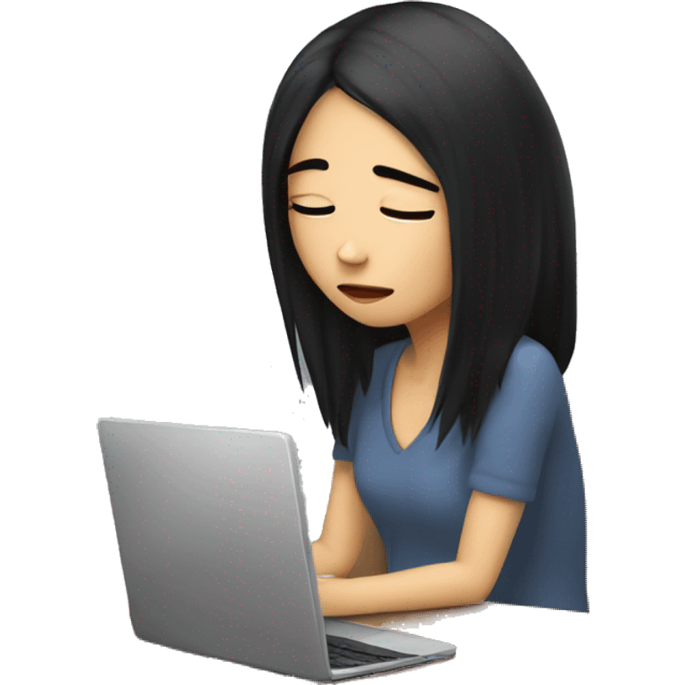 A bright girl with black hair, an IT girl at the computer is tired and wants to sleep emoji