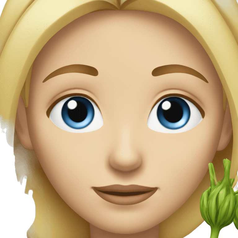 White girl, blonde, with blue eyes, rubs her head on which there are onion sprouts emoji