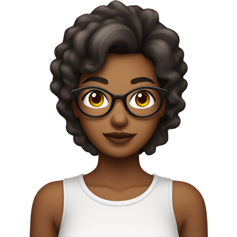 mulher jovem negra com cabelo liso até um pouco abaixo do ombro com mechas marrons e com óculos de formato arredondado. olhos escuros com extensão de cílios, nariz um pouco redondo e blusa vermelha.  emoji