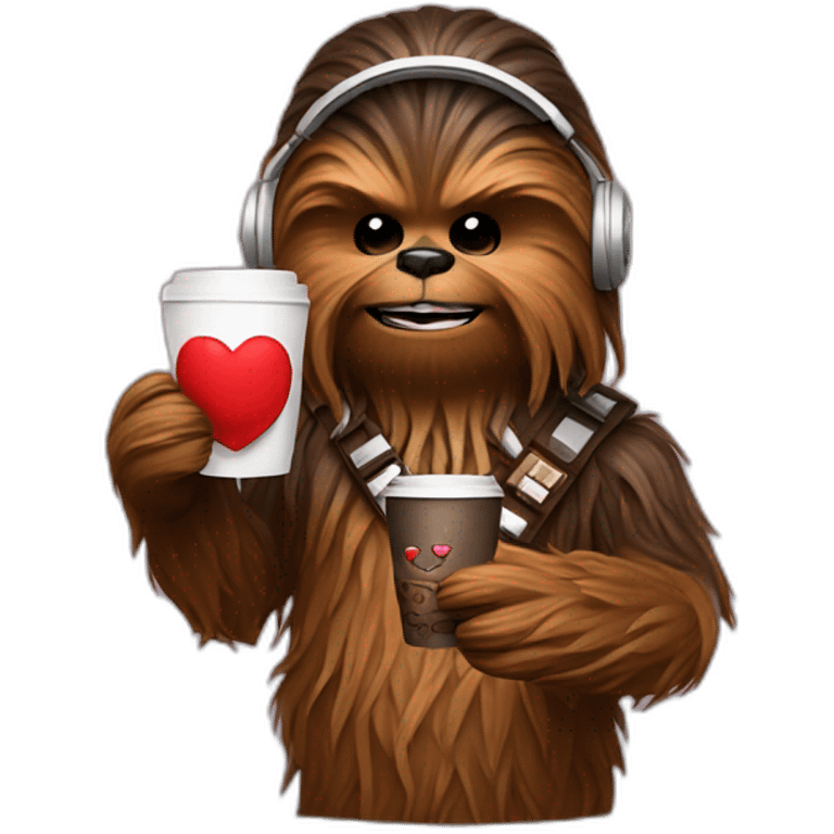 Chewbacca with Headphones drinking Coffee with hearts emoji