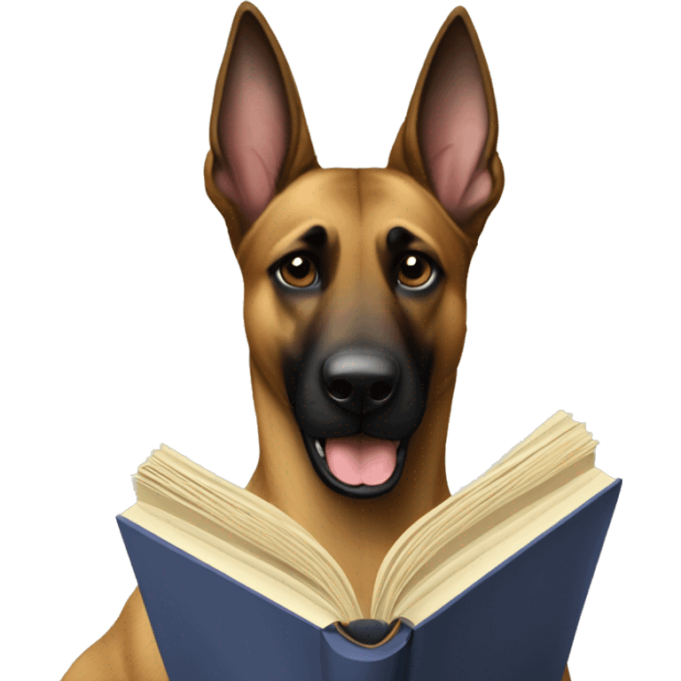 malinois prends des notes avec un livre emoji