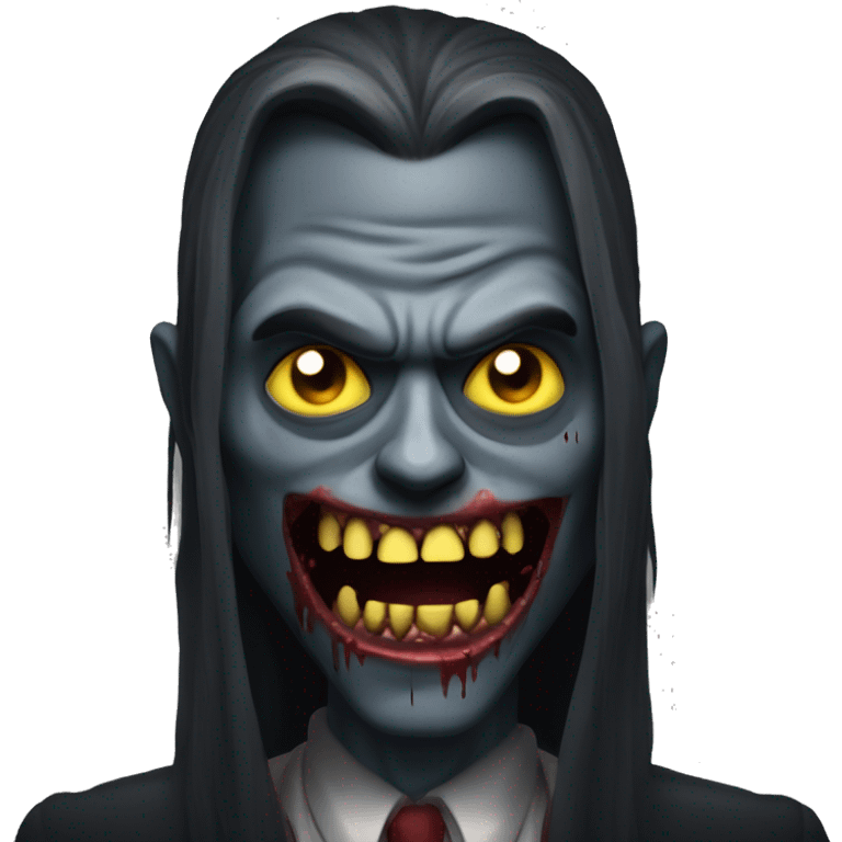 zombie vampire with a dark monochrome skin and a crazy face with yellow and sharp teeth and blood and long hair covering the face emoji