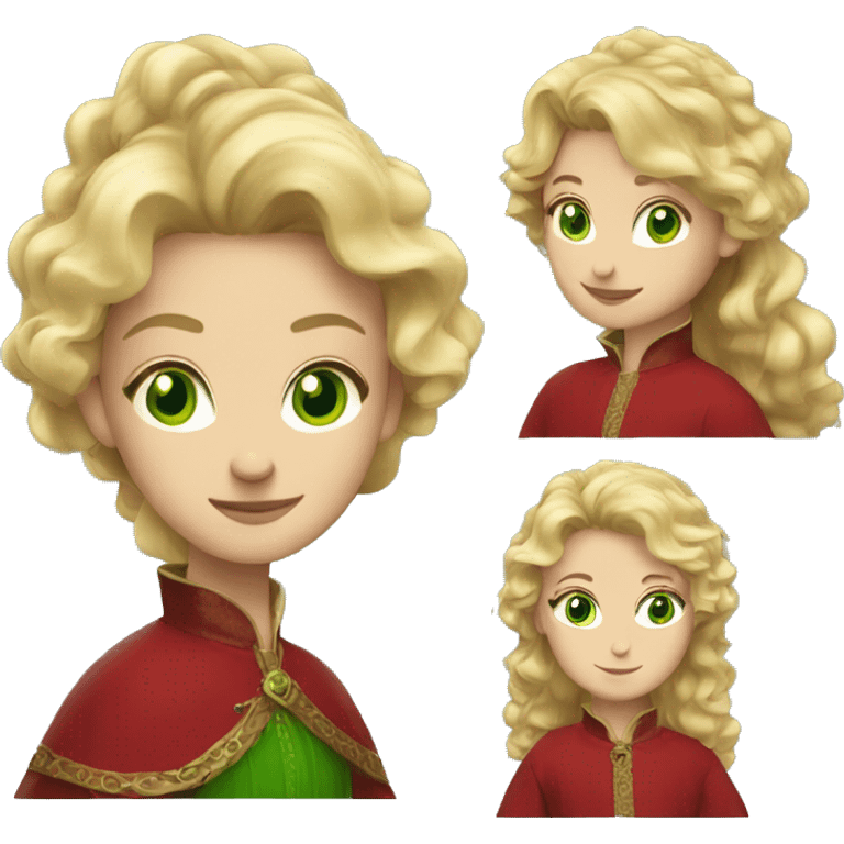 woman with wavy blonde hair, green eyes and red medieval dress  emoji