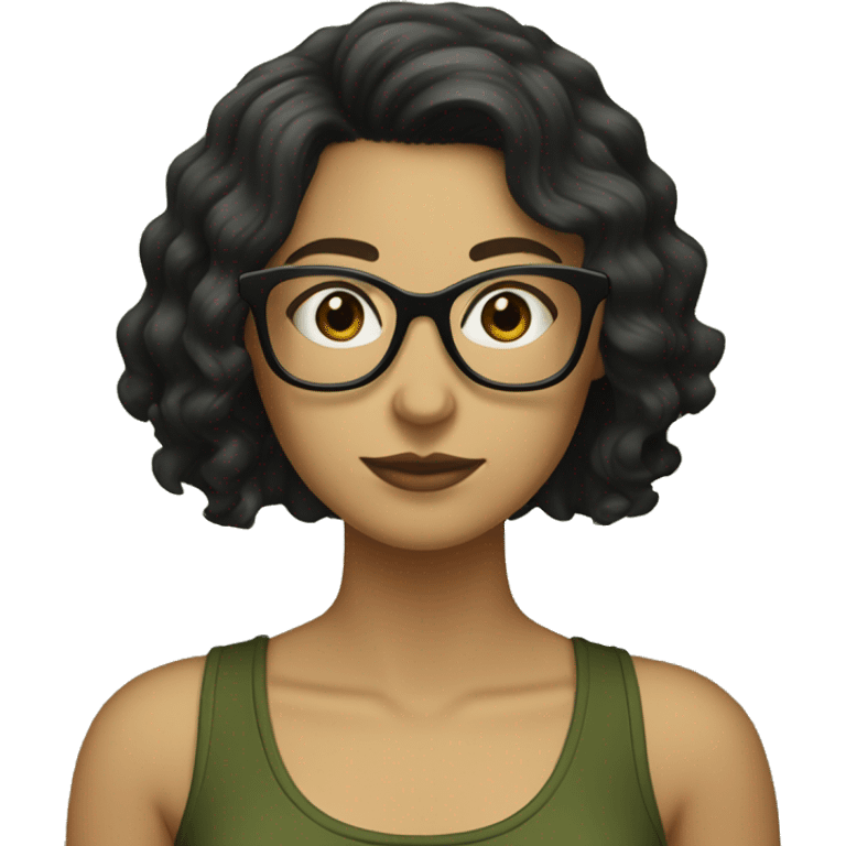 white skined woman with wavy black hair with a olive green tank top with glasses tortoise  emoji