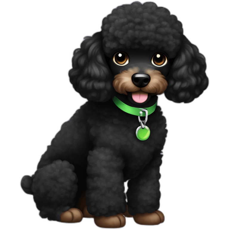 A single Energetic dark black mini poodle with short hair and green collar emoji