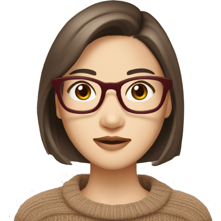 a young pretty asian woman, light brown short hair, brown eyes, dark red knit sweater, textured bob, asian,glasses, pretty eyelashes,pale skin emoji