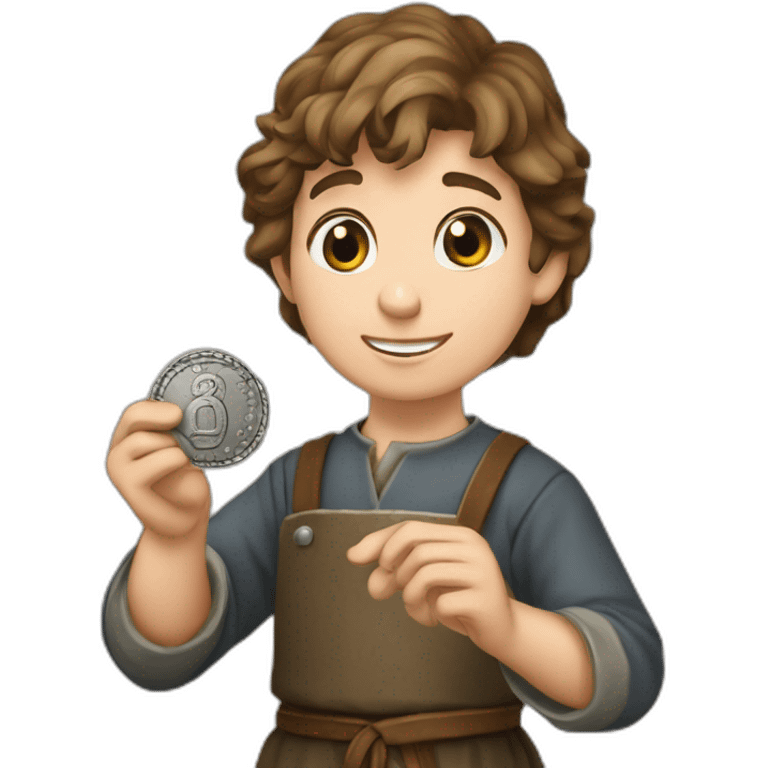 young coin engraver apprentice yielding a coin, medieval age emoji