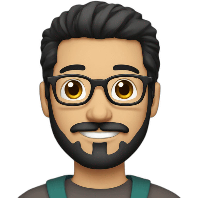 Arabic man, very short black hair, round hipster glasses, dark beard and mustache, round-ish face, brown eyes, beautiful smile, samurai emoji