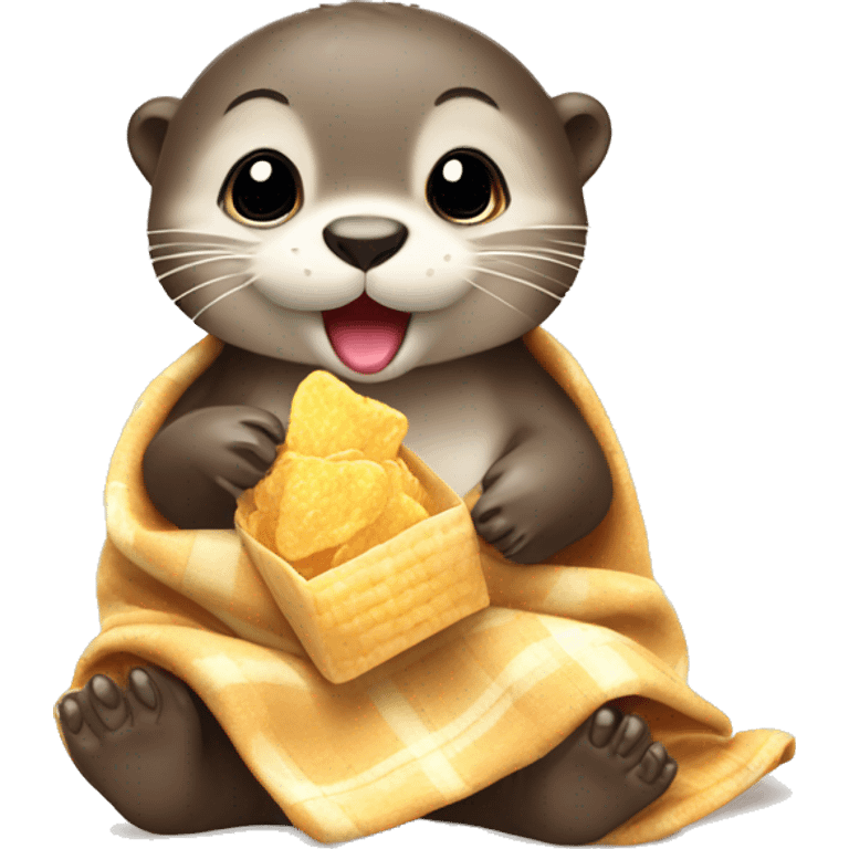 baby otter wrapped in blanket eating prosecco and crisps emoji