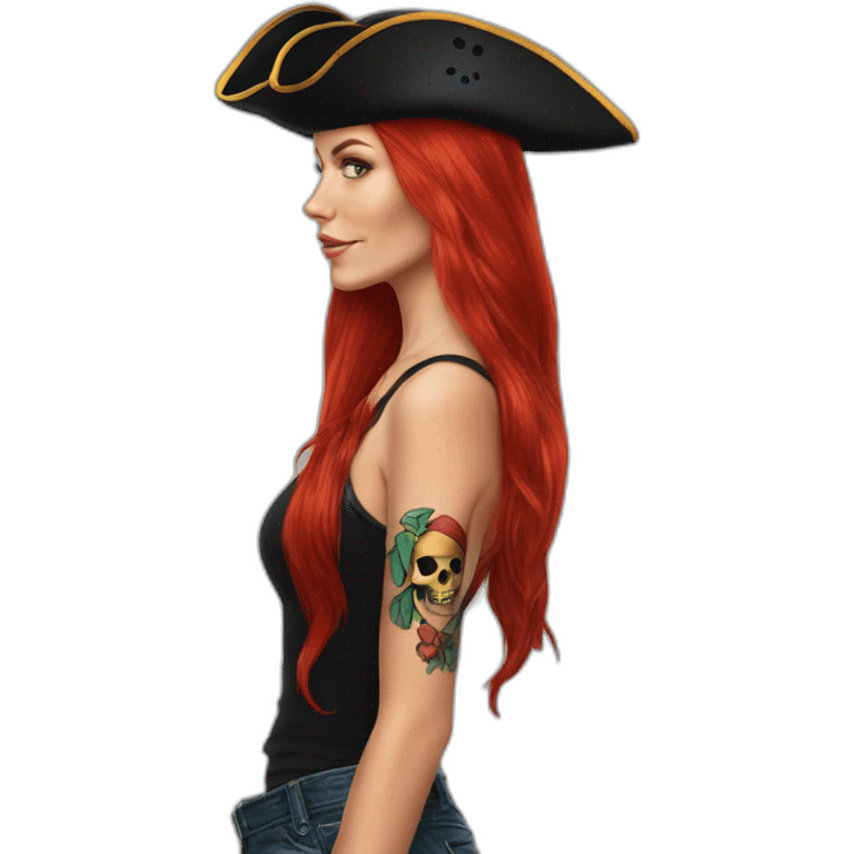 Woman long red hair on one side, tattoo on side of head.  pirate hat. skull and crossbones t shirt emoji