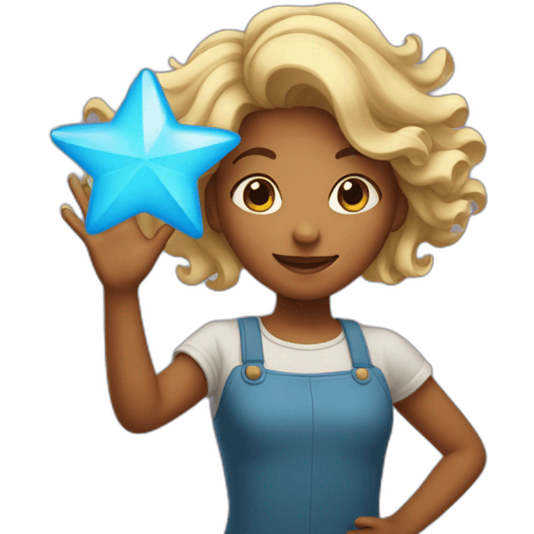 Girl with waving hair holding a star in hands emoji