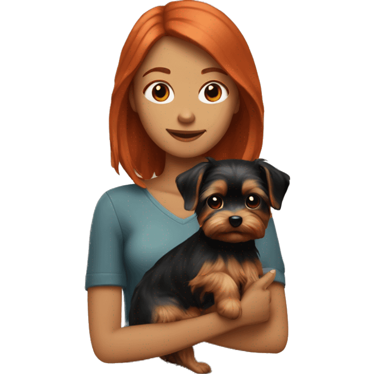 a girl with shoulder-length red hair holds a black-golden Yorkie in her arms emoji