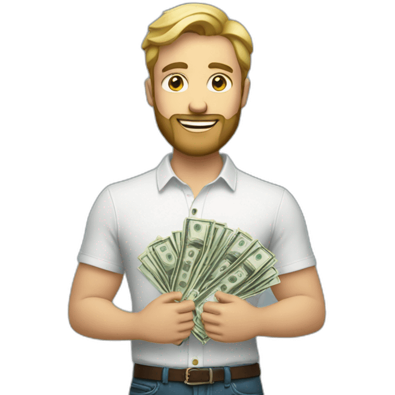 white male with small beard holding stacks of money smart casual shirt emoji