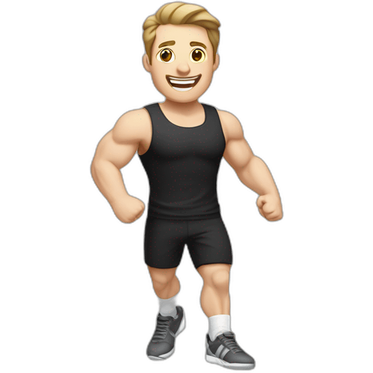 Joyful Celebrating victory Pale skinned Fit Man With the biceps and dark brown hair in black shirt, gray sports shorts and white Sneakers emoji