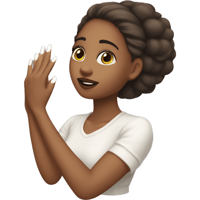 Girl holding her hand up with white French tip nails  emoji