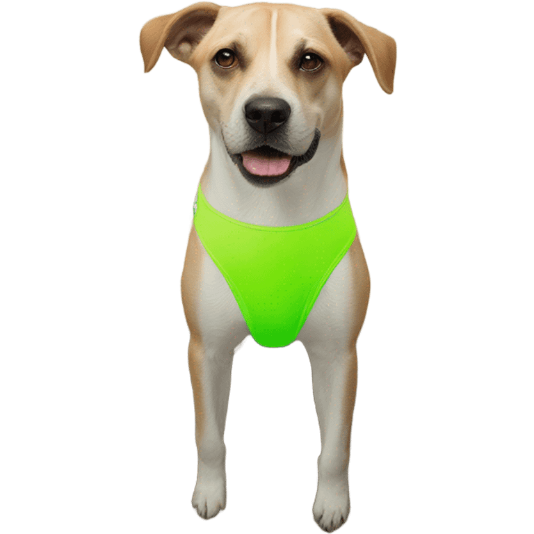 A dog, NOT HUMAN, modeling her neon green bikini on the beach for a magazine cover photo shoot emoji