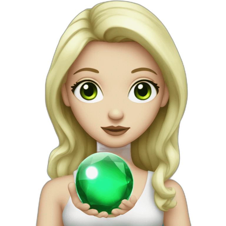 white girl with green eyes, holding a crystal ball emoji