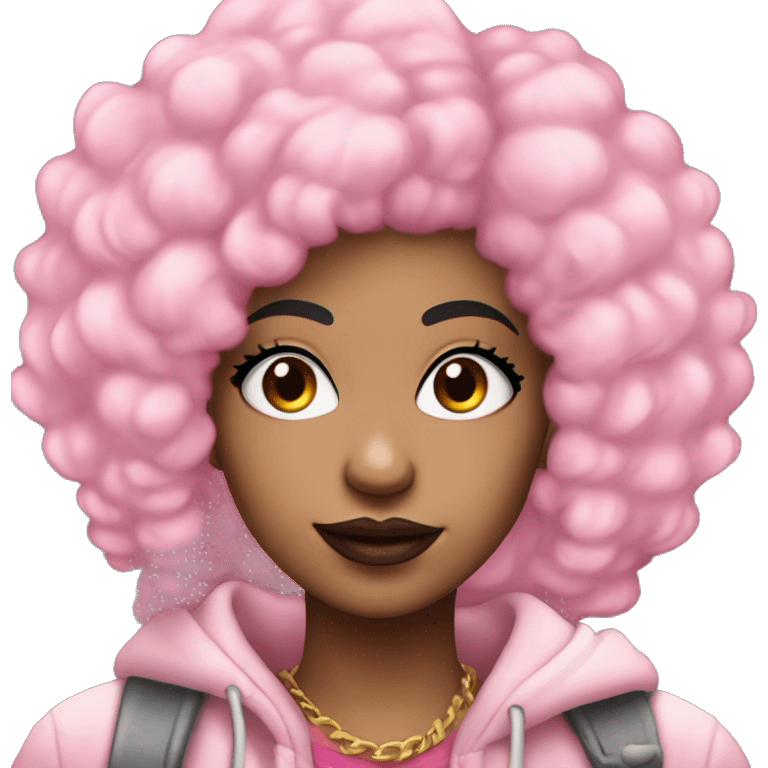 light skin girl with pink afro hair and nose pierced with black eyebrows and looks like the rapper icespice without heart on cheek and has emoji