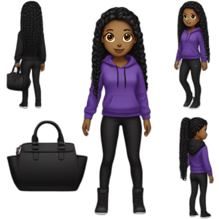 Black girl purple braids wearing black hoodie black pant and black handbag emoji