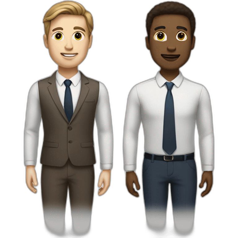 two business men standing next to each other with space brown hair white skin emoji