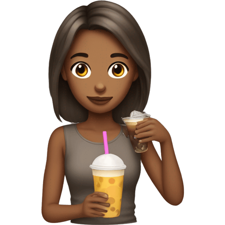 Brown skin brown hair girl drinking boba emoji