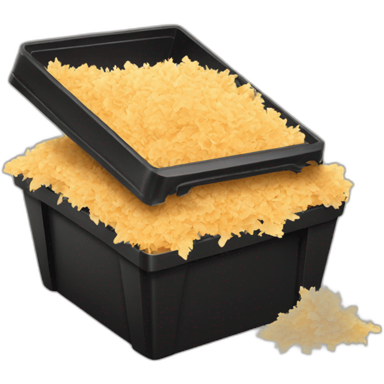 Black cubic plastic container with wood shavings inside emoji