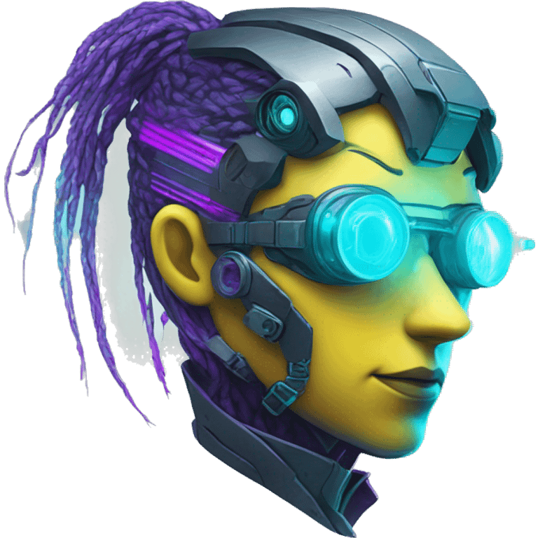 Secret human yellow emoji face agent with  cyberpunk elements with a spyglass scanning looking reviewing multicolor lines of code, cyan and purple colors, only upper body portrait emoji