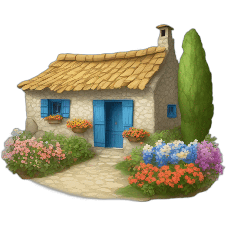 crete a cottage with some beautiful flowers emoji