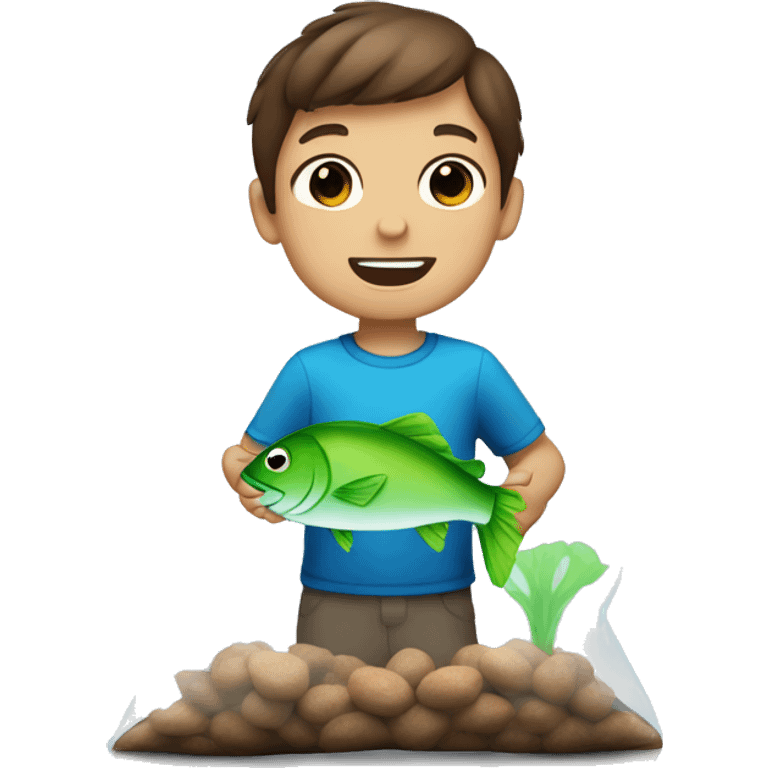 Little boy with brown hair holding a blue and green fish in a clear plastic bag emoji