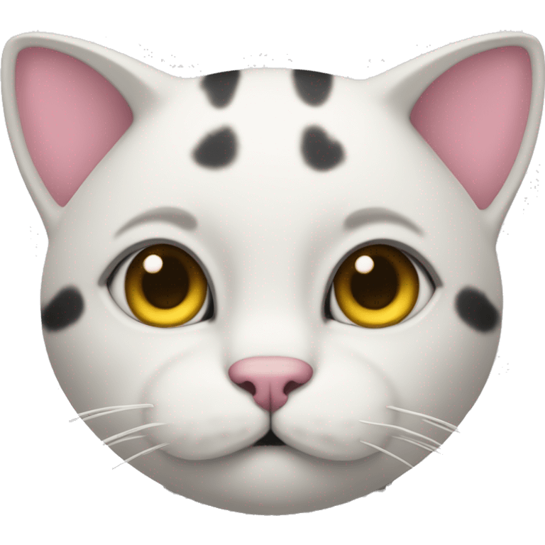 Cat with clear white face, little black spot like mustache under nose, pink ears, and forehead and under ears the fur is black, yellow eyes, no stripes emoji