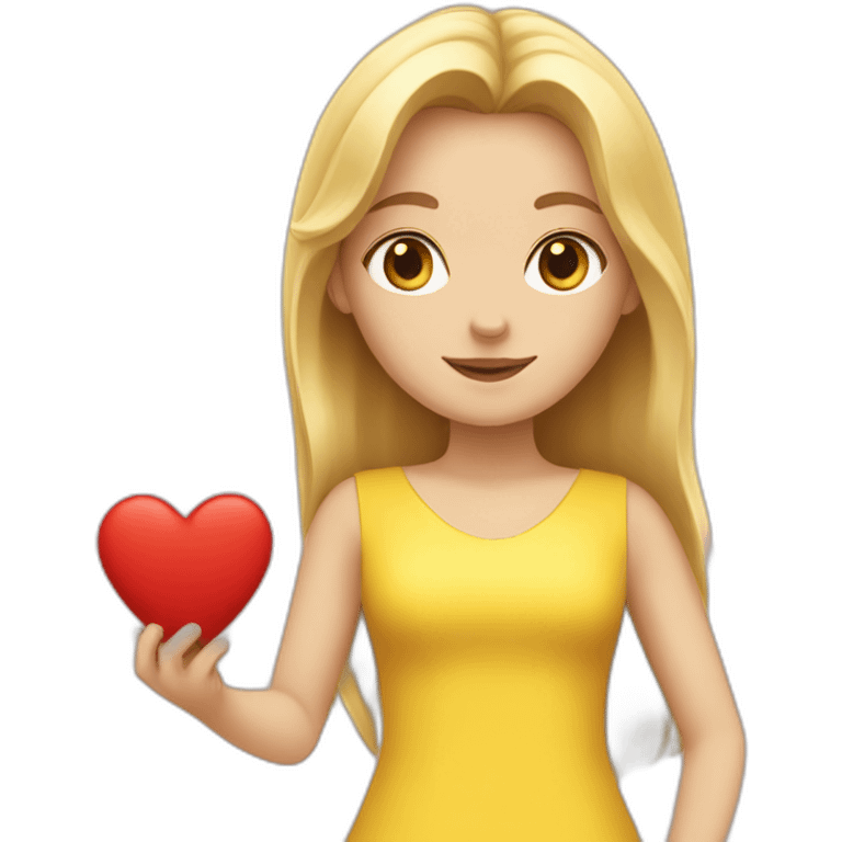 a white girl in a yellow dress holds out a heart forward emoji