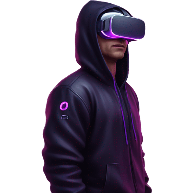 Russian man wearing a black hoodie with "OMG" letters on it and VR headset in a cyberpunk VR environment with violet neon lighting. emoji