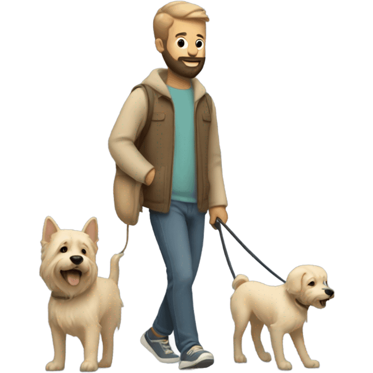 Bearded man taking his short hair beige dog for a walk  emoji