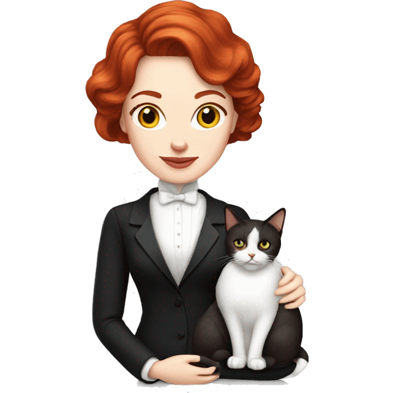 Women with red wine hair, pale skin, wearing white sweater, holding a tuxedo cat emoji